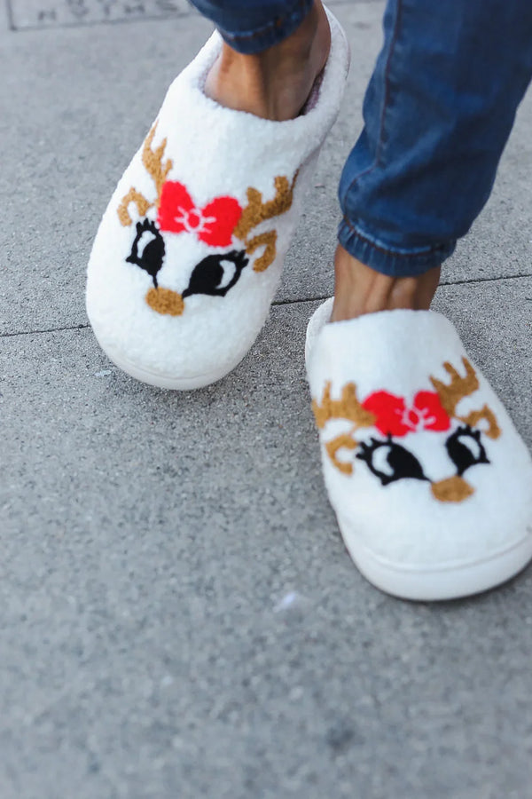 Christmas Reindeer Print Fleece Slippers - Coeur de la Mode
