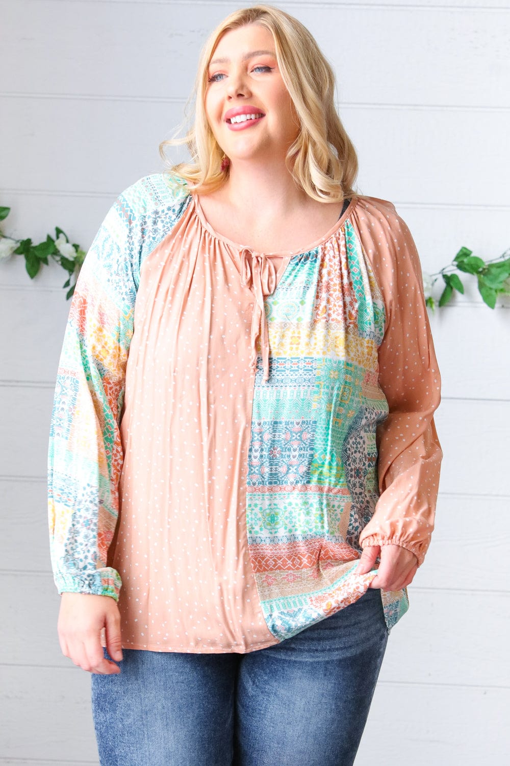 Peach & Mint Floral Color Block Raglan Peasant Top