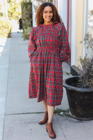 All I Want Hunter Red Plaid Check Woven Pocketed Dress - Coeur de la Mode