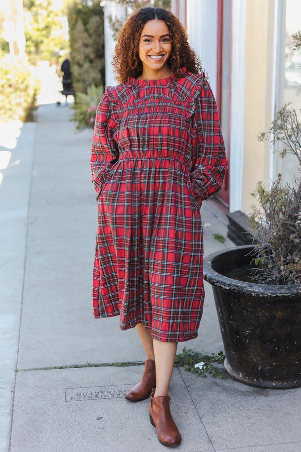 All I Want Hunter Red Plaid Check Woven Pocketed Dress - Coeur de la Mode