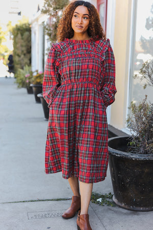 All I Want Hunter Red Plaid Check Woven Pocketed Dress - Coeur de la Mode