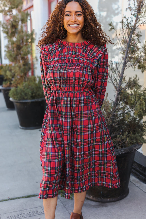 All I Want Hunter Red Plaid Check Woven Pocketed Dress - Coeur de la Mode