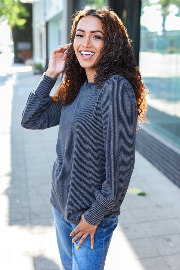 Everyday Charcoal Rib Mineral Wash Long Sleeve Top - Coeur de la Mode