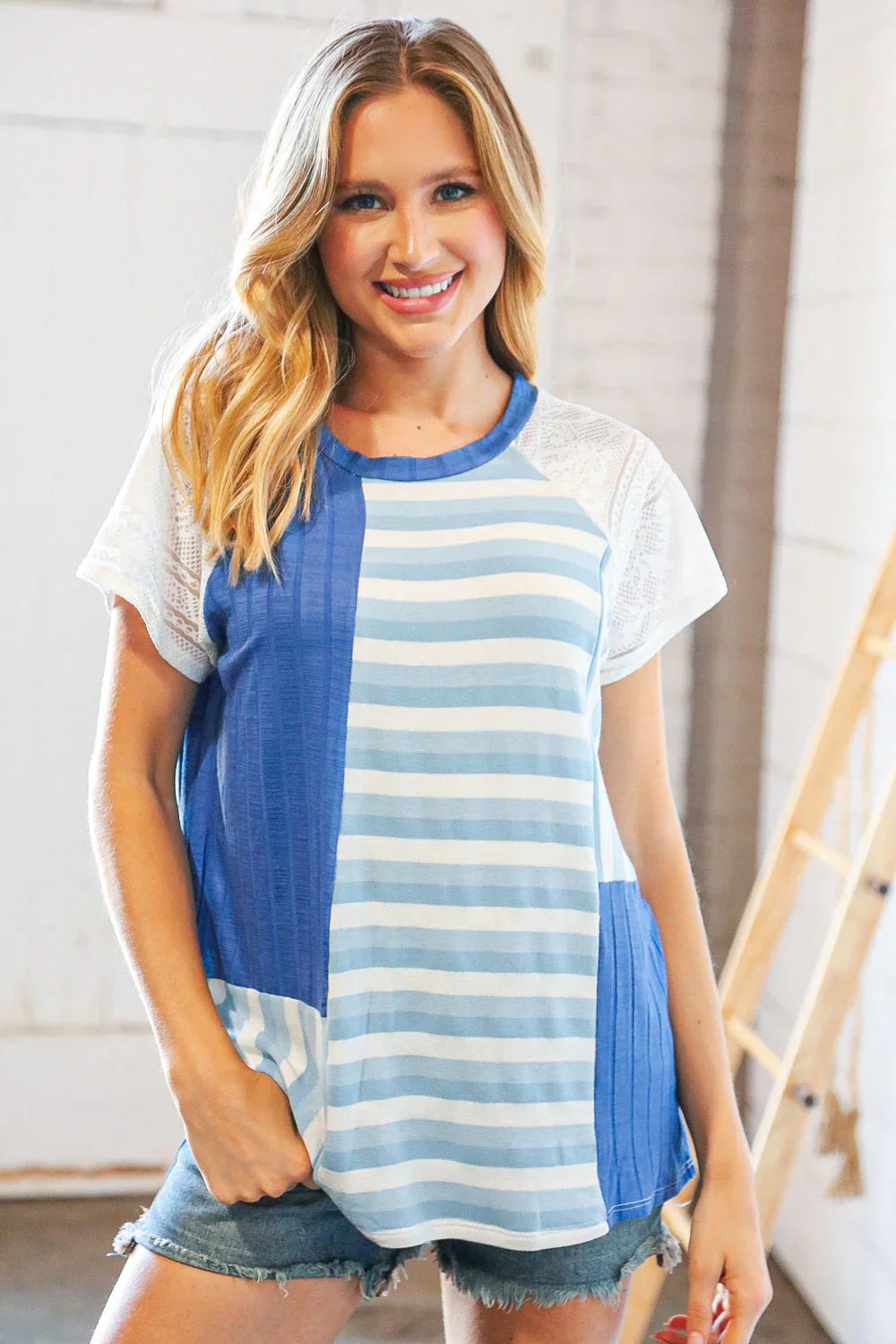 Blue Rib Terry Lace & Stripe Color Block Top - Coeur de la Mode