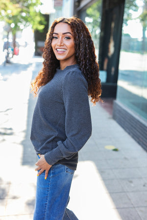 Everyday Charcoal Rib Mineral Wash Long Sleeve Top - Coeur de la Mode