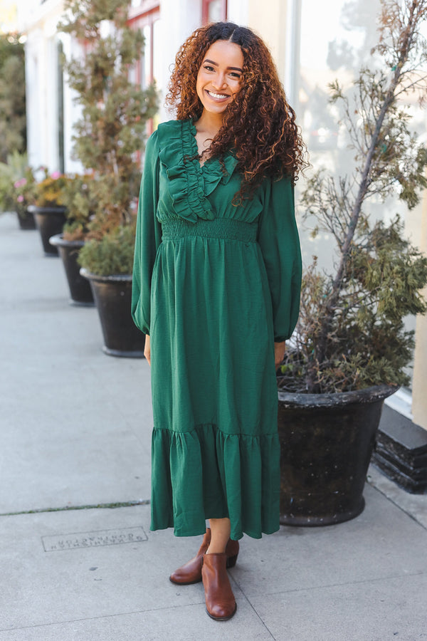 Beautiful You Holiday Green Overlap Ruffle V Neck Midi Dress - Coeur de la Mode