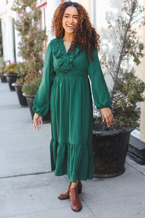 Beautiful You Holiday Green Overlap Ruffle V Neck Midi Dress - Coeur de la Mode