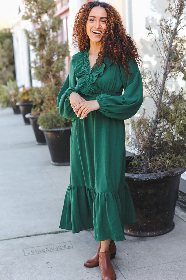 Beautiful You Holiday Green Overlap Ruffle V Neck Midi Dress - Coeur de la Mode