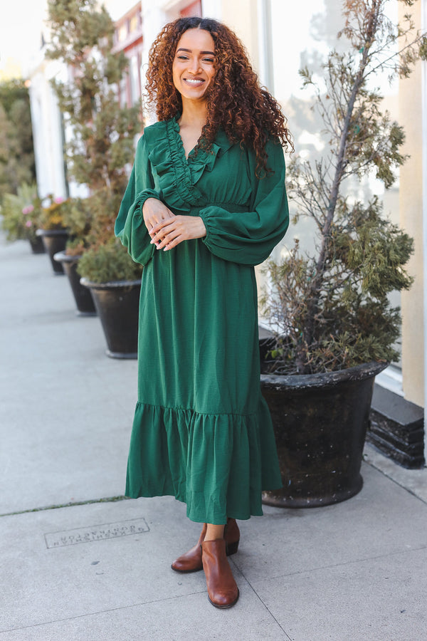 Beautiful You Holiday Green Overlap Ruffle V Neck Midi Dress - Coeur de la Mode