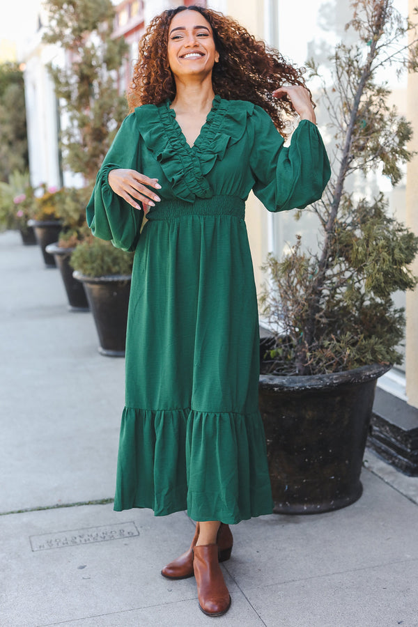 Beautiful You Holiday Green Overlap Ruffle V Neck Midi Dress - Coeur de la Mode