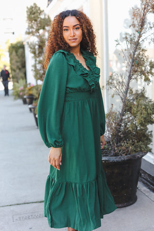 Beautiful You Holiday Green Overlap Ruffle V Neck Midi Dress - Coeur de la Mode