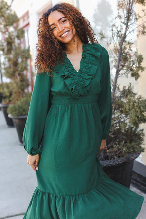 Beautiful You Holiday Green Overlap Ruffle V Neck Midi Dress - Coeur de la Mode