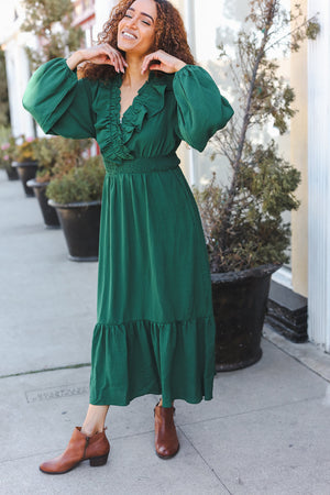 Beautiful You Holiday Green Overlap Ruffle V Neck Midi Dress - Coeur de la Mode