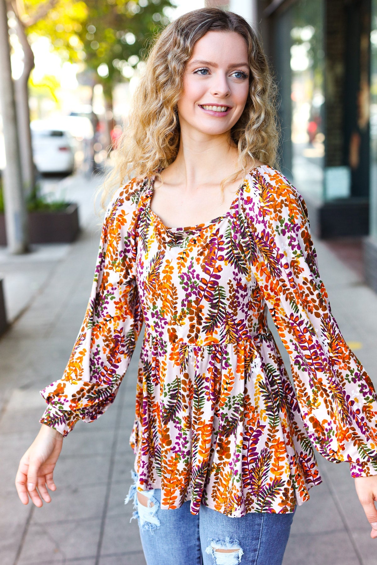 Fall in Love Taupe & Rust Floral Print Babydoll Bubble Sleeve Top