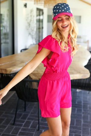 Feeling Femme' Fuchsia Smocked Waist V Neck Flutter Sleeve Romper - Coeur de la Mode