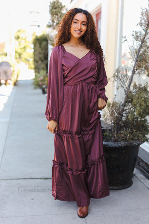 Holiday Vibes Wine Satin Front Overlap Smocked Back Maxi Dress - Coeur de la Mode