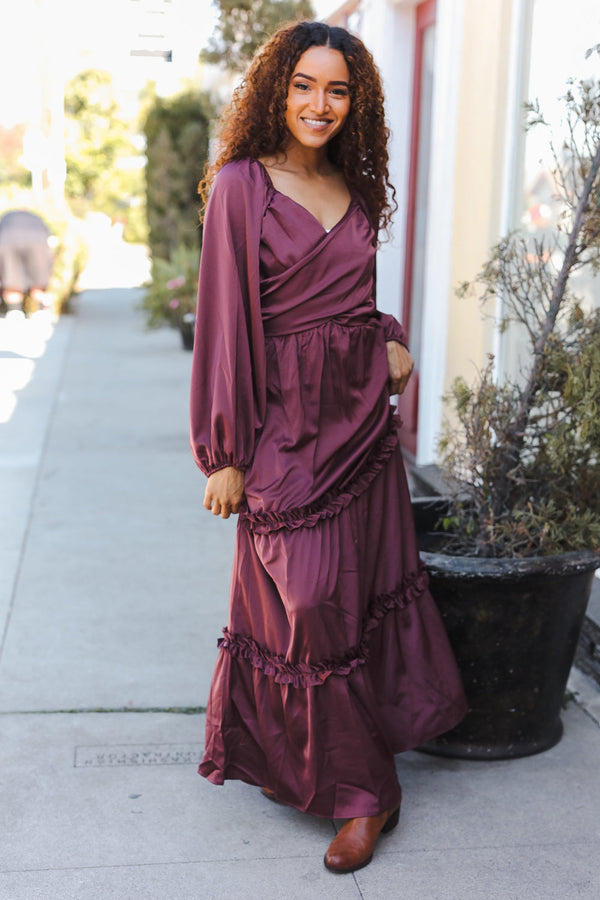 Holiday Vibes Wine Satin Front Overlap Smocked Back Maxi Dress - Coeur de la Mode