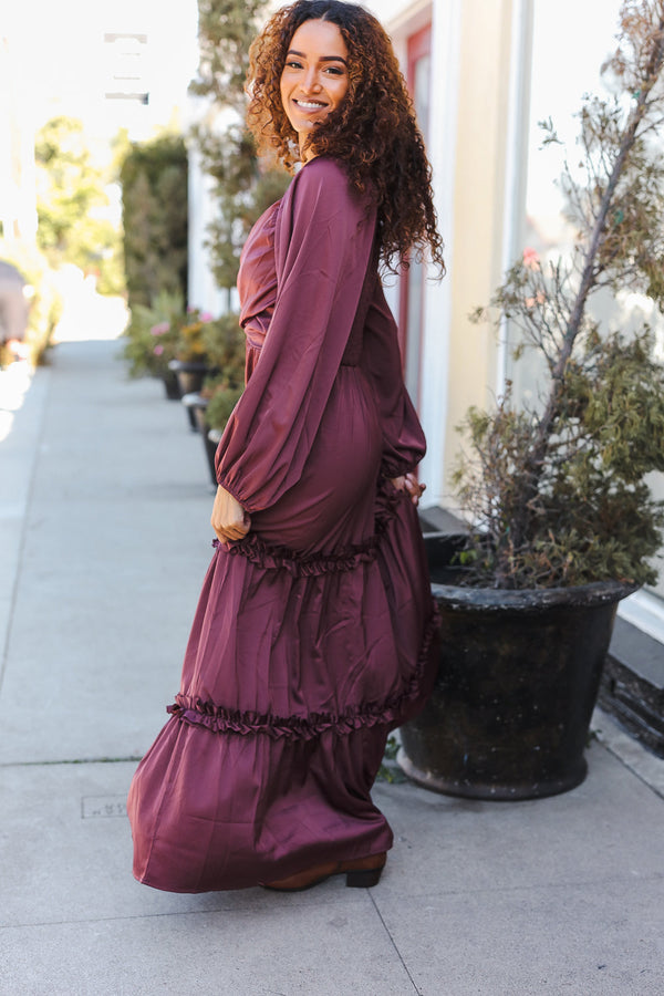 Holiday Vibes Wine Satin Front Overlap Smocked Back Maxi Dress - Coeur de la Mode