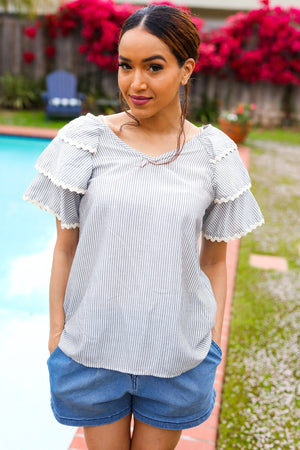 Lovely In Gray Stripe Tiered Ruffle Sleeve Ric Rac Trim Top - Coeur de la Mode