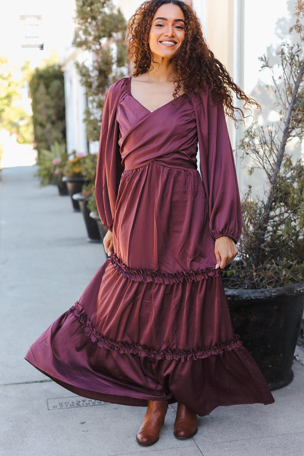 Holiday Vibes Wine Satin Front Overlap Smocked Back Maxi Dress - Coeur de la Mode