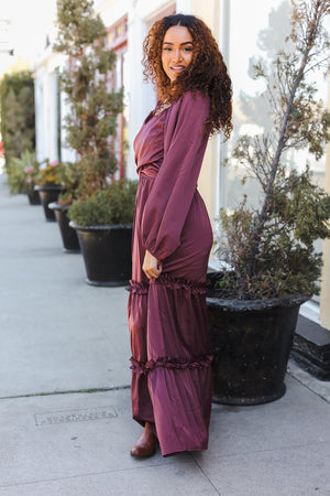 Holiday Vibes Wine Satin Front Overlap Smocked Back Maxi Dress - Coeur de la Mode