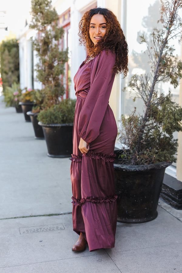 Holiday Vibes Wine Satin Front Overlap Smocked Back Maxi Dress - Coeur de la Mode