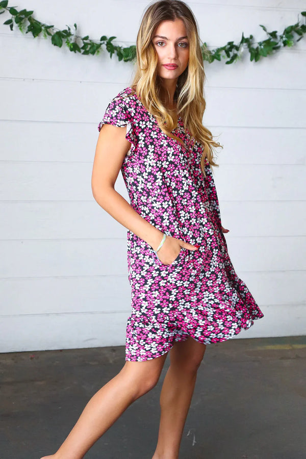 Black Multicolor Floral Babydoll Flutter Sleeve Midi Dress - Coeur de la Mode