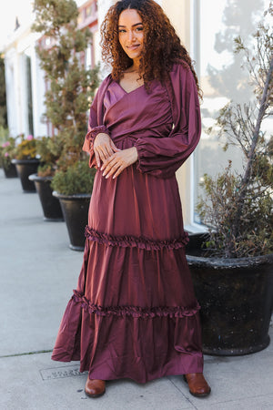 Holiday Vibes Wine Satin Front Overlap Smocked Back Maxi Dress - Coeur de la Mode