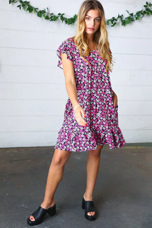 Black Multicolor Floral Babydoll Flutter Sleeve Midi Dress - Coeur de la Mode