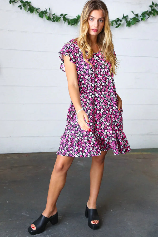 Black Multicolor Floral Babydoll Flutter Sleeve Midi Dress - Coeur de la Mode