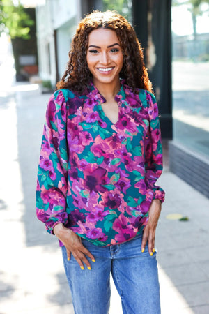 Beautiful You Hunter Green Watercolor Floral Print Notch Neck Top - Coeur de la Mode