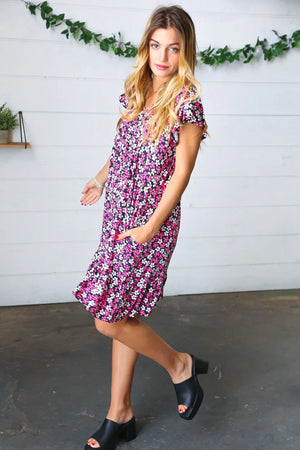Black Multicolor Floral Babydoll Flutter Sleeve Midi Dress - Coeur de la Mode