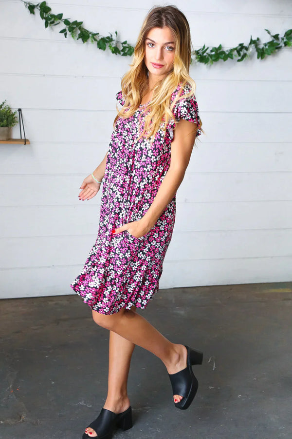 Black Multicolor Floral Babydoll Flutter Sleeve Midi Dress - Coeur de la Mode