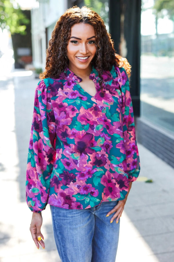 Beautiful You Hunter Green Watercolor Floral Print Notch Neck Top - Coeur de la Mode