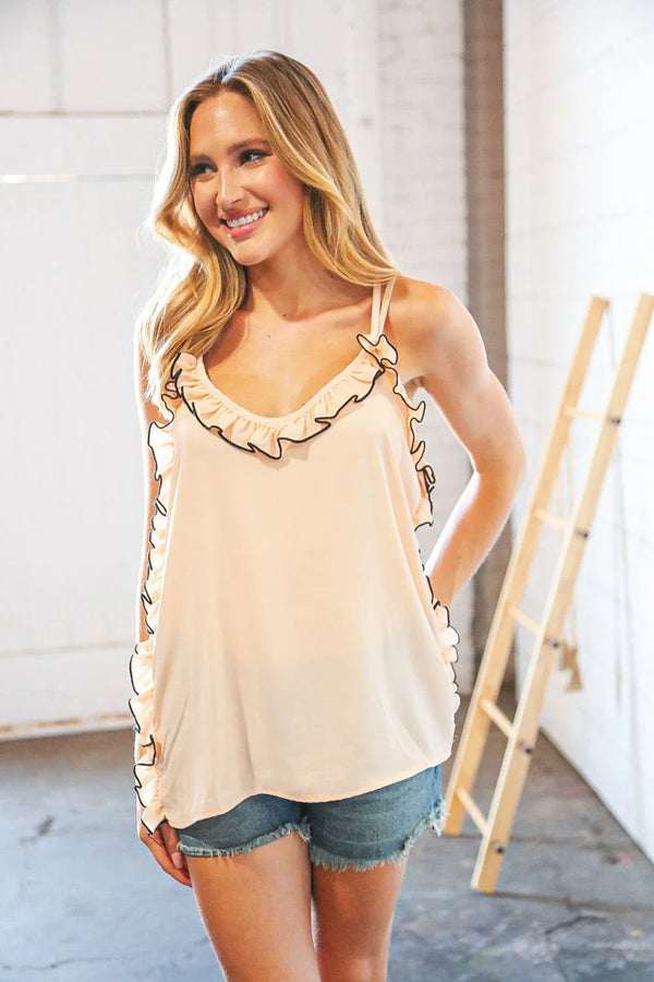 Peach Wool Dobby V Neck Ruffle Hem Tank Top - Coeur de la Mode