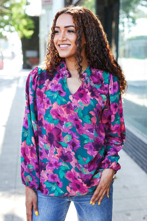 Beautiful You Hunter Green Watercolor Floral Print Notch Neck Top - Coeur de la Mode