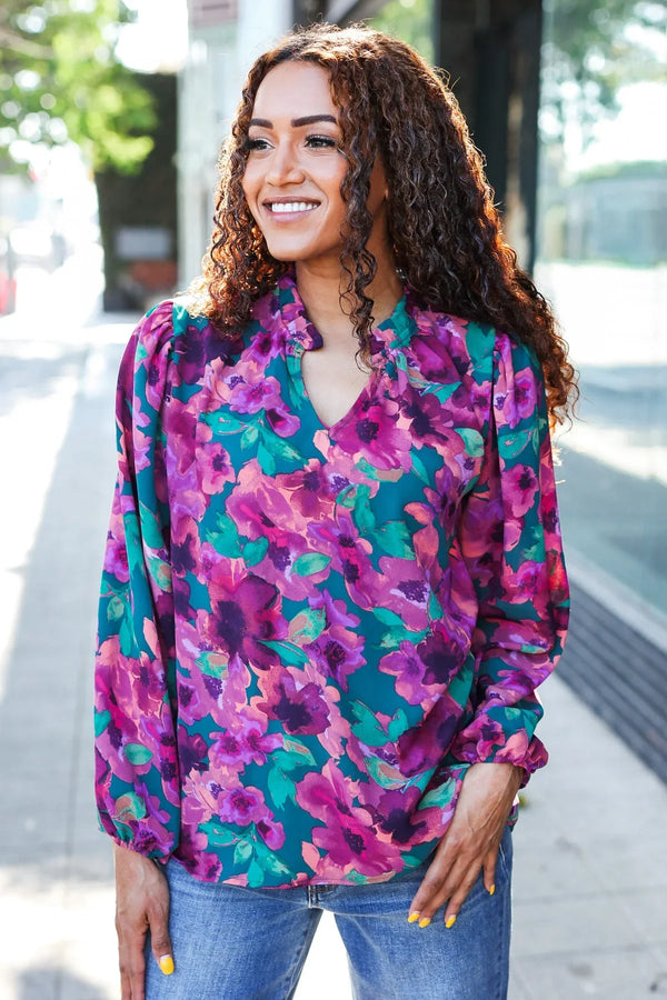 Beautiful You Hunter Green Watercolor Floral Print Notch Neck Top - Coeur de la Mode