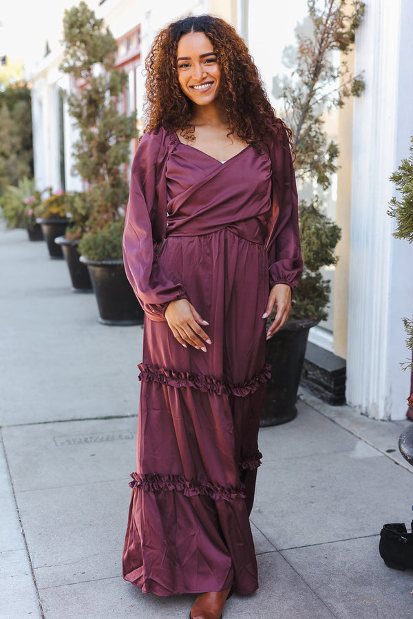 Holiday Vibes Wine Satin Front Overlap Smocked Back Maxi Dress - Coeur de la Mode