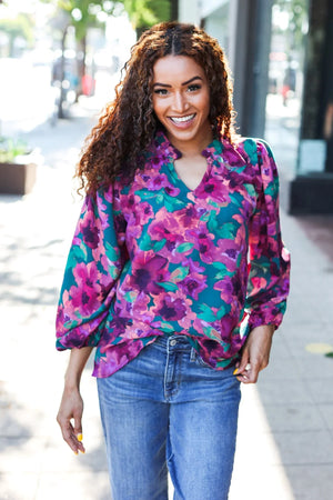 Beautiful You Hunter Green Watercolor Floral Print Notch Neck Top - Coeur de la Mode