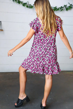 Black Multicolor Floral Babydoll Flutter Sleeve Midi Dress - Coeur de la Mode