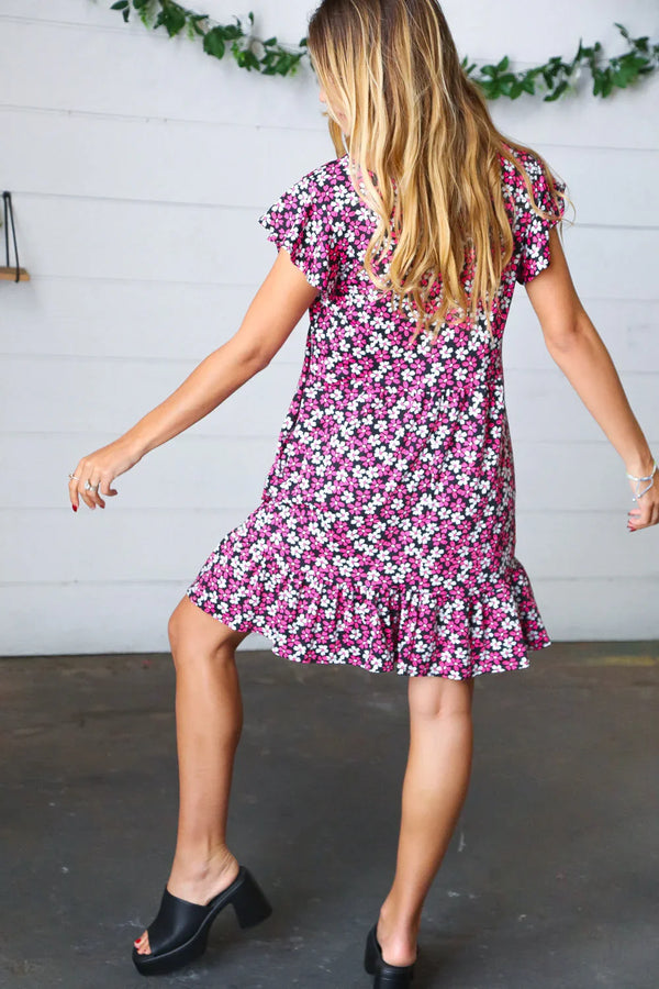 Black Multicolor Floral Babydoll Flutter Sleeve Midi Dress - Coeur de la Mode
