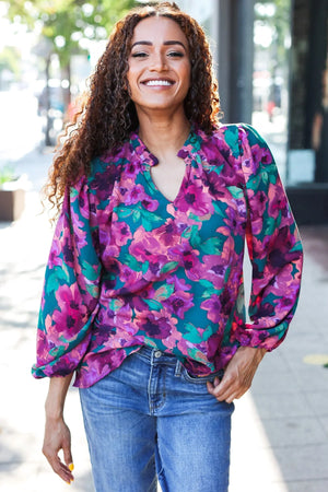 Beautiful You Hunter Green Watercolor Floral Print Notch Neck Top - Coeur de la Mode