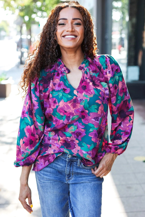 Beautiful You Hunter Green Watercolor Floral Print Notch Neck Top - Coeur de la Mode