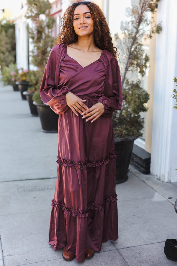 Holiday Vibes Wine Satin Front Overlap Smocked Back Maxi Dress - Coeur de la Mode