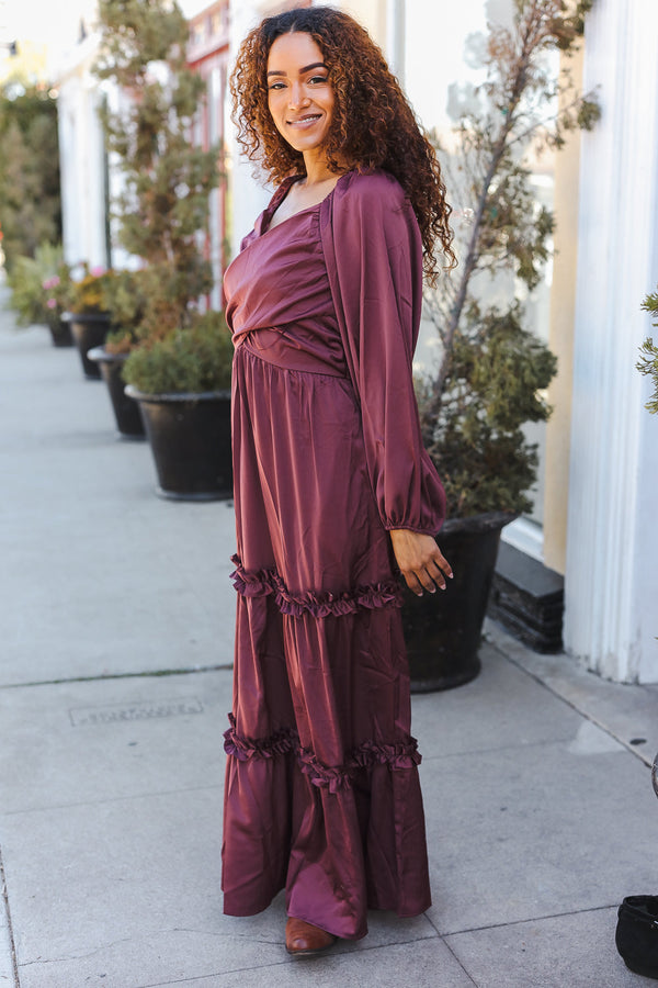 Holiday Vibes Wine Satin Front Overlap Smocked Back Maxi Dress - Coeur de la Mode