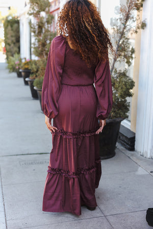 Holiday Vibes Wine Satin Front Overlap Smocked Back Maxi Dress - Coeur de la Mode