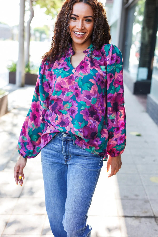 Beautiful You Hunter Green Watercolor Floral Print Notch Neck Top - Coeur de la Mode