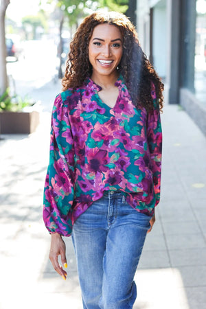 Beautiful You Hunter Green Watercolor Floral Print Notch Neck Top - Coeur de la Mode