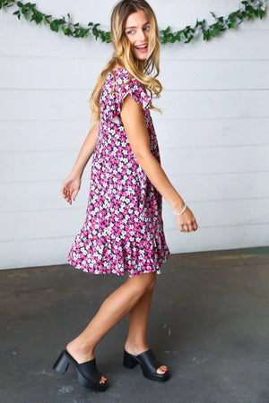 Black Multicolor Floral Babydoll Flutter Sleeve Midi Dress - Coeur de la Mode