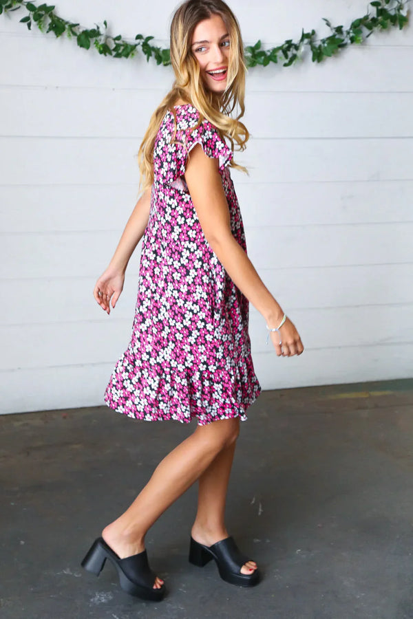 Black Multicolor Floral Babydoll Flutter Sleeve Midi Dress - Coeur de la Mode